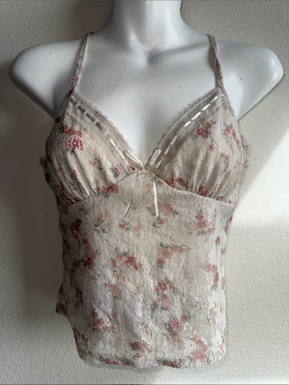 Floral Lace Camisole Tank Top - Cream & Dusty Rose